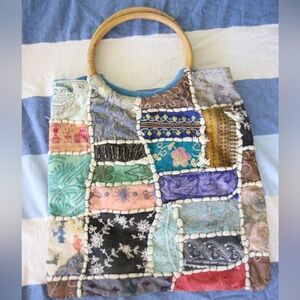 Rare Vintage Wooden Handle Beaded Embroidered Patchwork Purse Handbag Bohemian